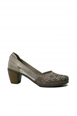 Pantofi cu toc Rieker din piele naturală bej cu model floral RIK40986-64