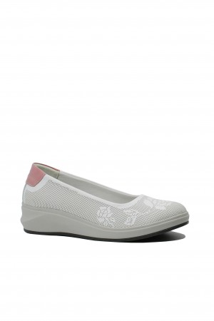 Pantofi comozi Suave, albi cu imprimeu trandafiri, din piele naturală