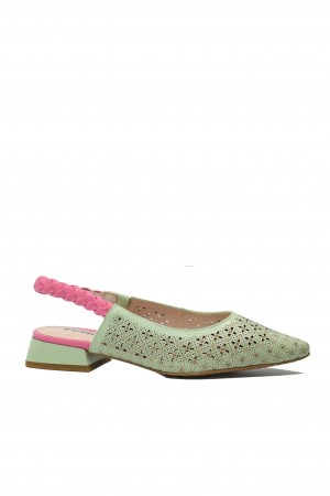 Pantofi damă Feeling decupați verde cu roz, din piele naturală FLG2449