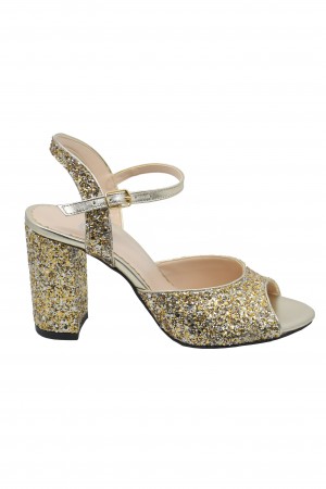 Sandale elegante glitter auriu cu toc bloc