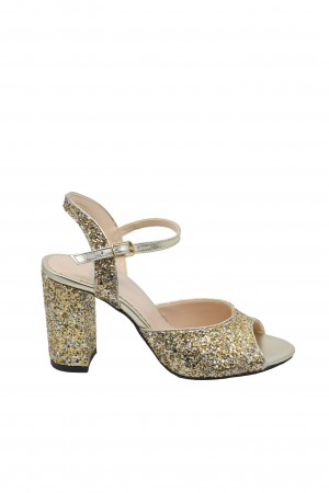 Sandale elegante glitter auriu cu toc bloc