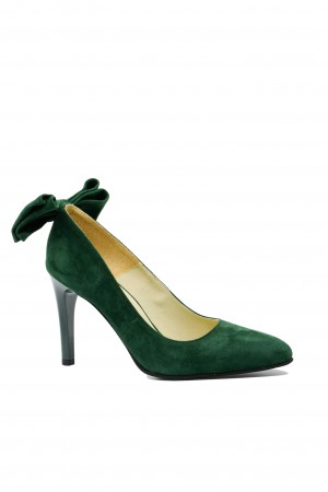 Pantofi stiletto verzi din piele întoarsă cu fundiță la spate