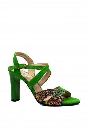 Sandale damă elegante cu toc înalt, din velur verde și glitter