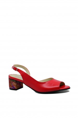 Sandale elegante cu toc mozaic, roșii, din piele naturală