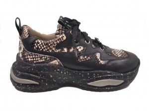 Pantofi sport damă negri cu imprimeu șarpe din piele naturală