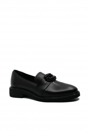Pantofi damă casual, cu coroniță decorativă, negri, din piele naturală FLO611N