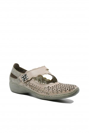 Pantofi comozi cu baretă Rieker bej argintii din piele naturală RIK413G4-42