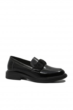 Pantofi loafer damă Pass Collection negri din lac cu baretă elastică OTR840006