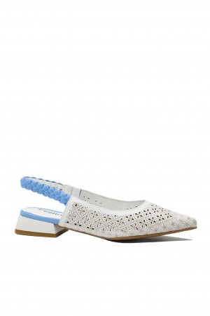 Pantofi damă Feeling decupați alb cu bleu, din piele naturală FLG2449